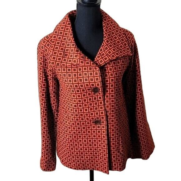 Adrienne Vittadini Womens Retro Print Wool Blend Cape Jacket size 4 Orange - Picture 2 of 15